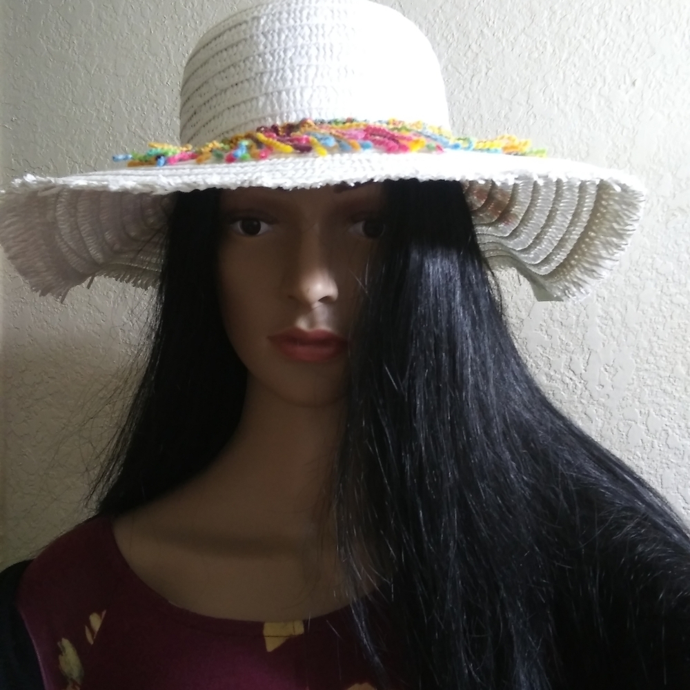 Summer Neon Ladies Straw Hat, White w/frills.